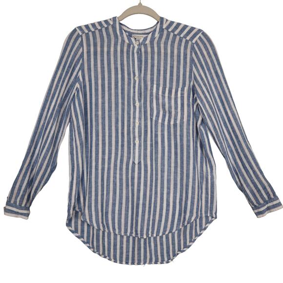 Lucky Brand Womens Linen Blend Popover Top Size Small Blue White Stripe Nautical - Picture 1 of 8
